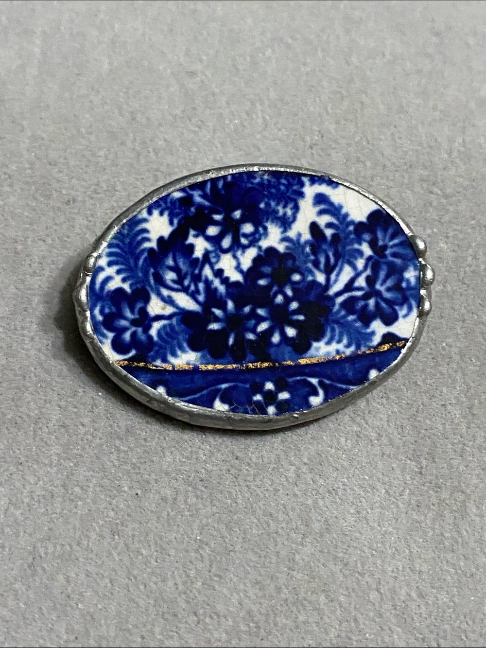 Blue Floral Porcelain Oval Brooch